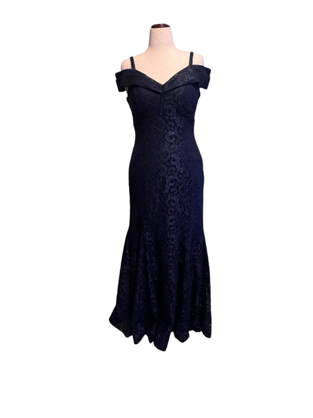 R & M Richards Navy Off Shoulder Lace Evening Gown, Sz 10, EUC